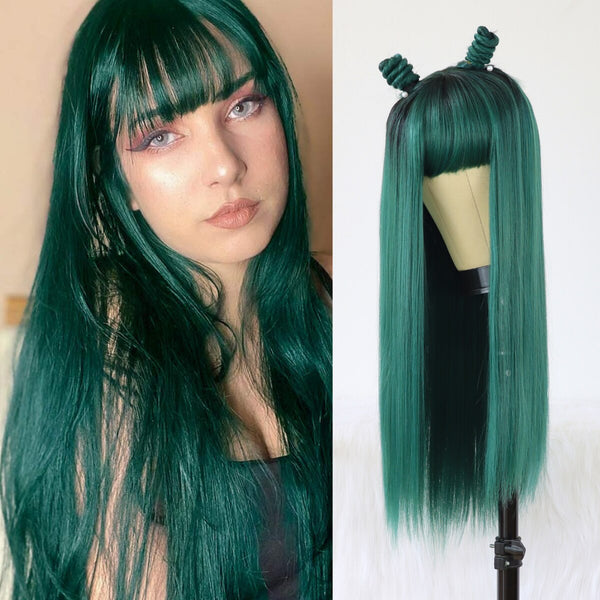 Green Wigs With Bangs Straight Wig For Women Synthetic Fiber Hair Dark Rooted Ombre Green Long Glueless Full Machine