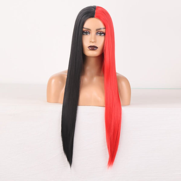 Glueless Synthetic Wigs with Full Bangs Silky Straight Two Tone Color Heat Heaistant Fiber Hair None Lace Wig