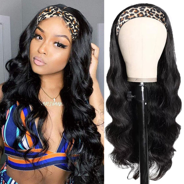 Headband Wigs For Black Women Long Black Wavy Human Hair with Headband Remy Brazilian Hair Wig Natural Looking Daily Use Cosplay