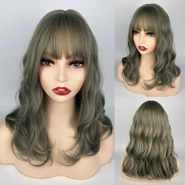Medium Wavy Bobo Synthetic Wig For Women Green Hairstyle Curly Wigs Cosplay Hair Wigs Heat Resistant Fiber With Bangs