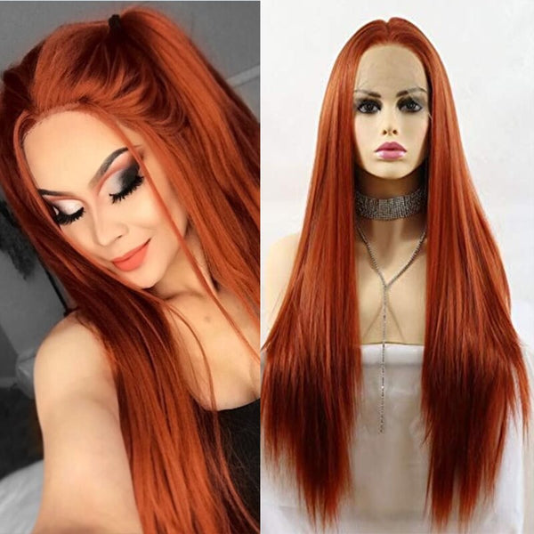 Long Straight Synthetic Lace Front Wigs Heat Resistant Copper Red Natural Hair Wig For Women 180 Density Glueless Cosplay Wigs