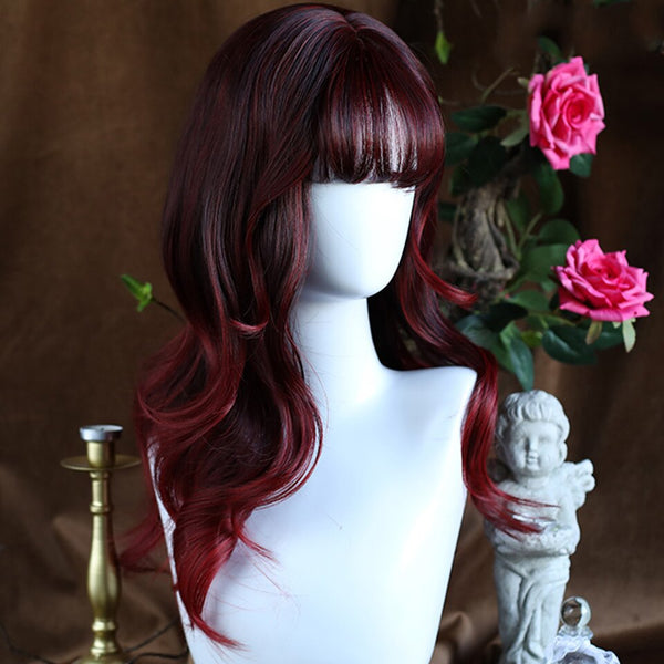 Roter Pony langes lockiges Haar Perücke Frauen synthetische hochtemperaturbeständige Seide lange lockige gewellte Cosplay Lolita
