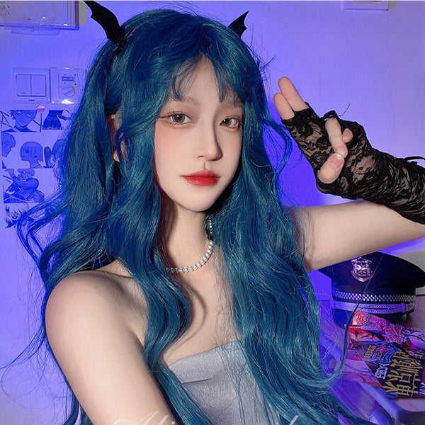 Cosplay long wave hair wig female synthetic high temperature silk long curly hair wavy orange pink blue bangs Lolita