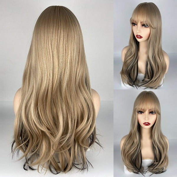 Blonde Black Synthetic Wigs Long Wavy Cosplay Party Wig for Women Natural Daily Heat Resistant Wig with Bangs