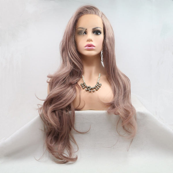 Side Part Synthetic Lace Front Wig Long Wavy Dusty Rose Gold Heat Resistant Fiber Hair Hand Tied Glueless Wigs For Women Cosplay