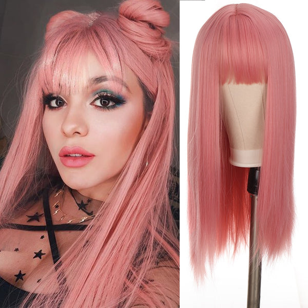 Cosplay Lolita Pony langes glattes Haar Perücke synthetische rosa Farbverlauf schwarz blau Perücke Dame synthetische Perücke