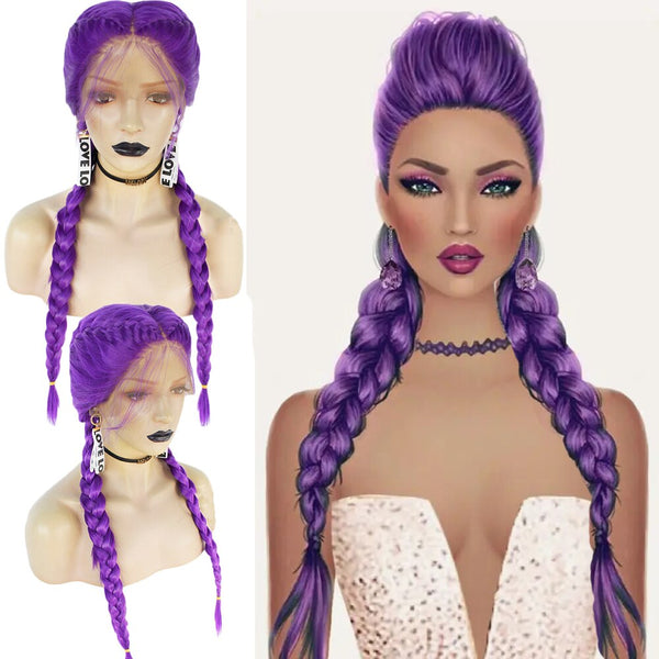 Purple Braided Wigs with Baby Hair High Temperature Fiber Synthetic Lace Front Wigs for Women Natural 2x Twist Double Braids Wig