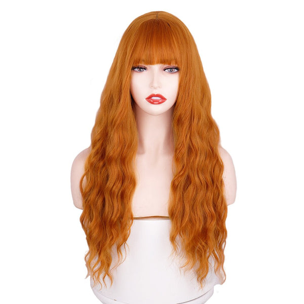 Long Water Wave Synthetic Wig Orange Cosplay Party Wigs for Women Fake Hair with Bangs