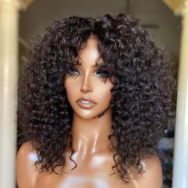 Natural Black Short Cut Bob Synthetic Lace Front Wig Kinky Curly Middle Part  For Black Women With Baby Hair Cosplay Preplucked
