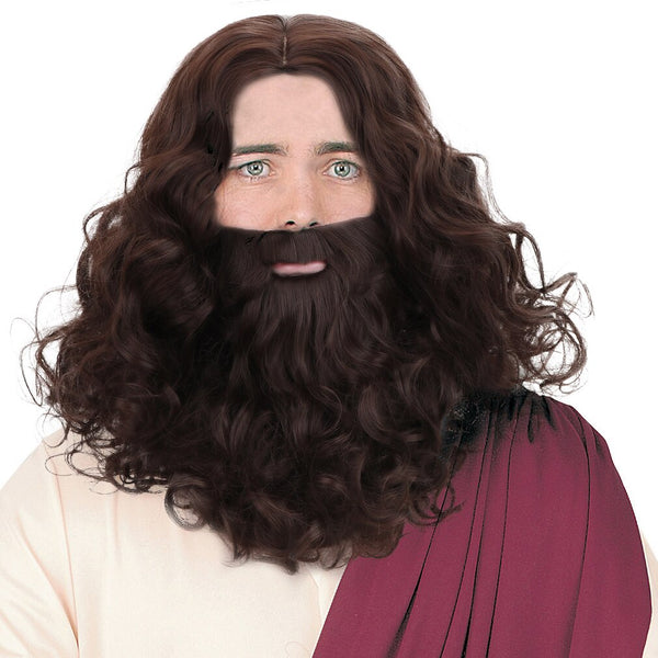 Brown Jesus Wig and Beard Set-Adult Curly Bilical God Cosplay Party Halloween Christmas Hair Accessory