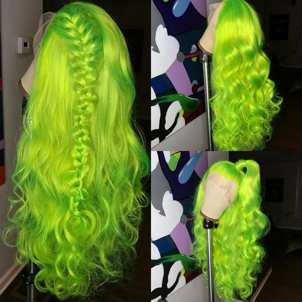 Neue pelucas sintéticas grüne Farbe synthetische T-Spitze-Front-Perücke lange lose Welle UV-Gelb Cosplay Perücke natürlicher Haaransatz für Frauen