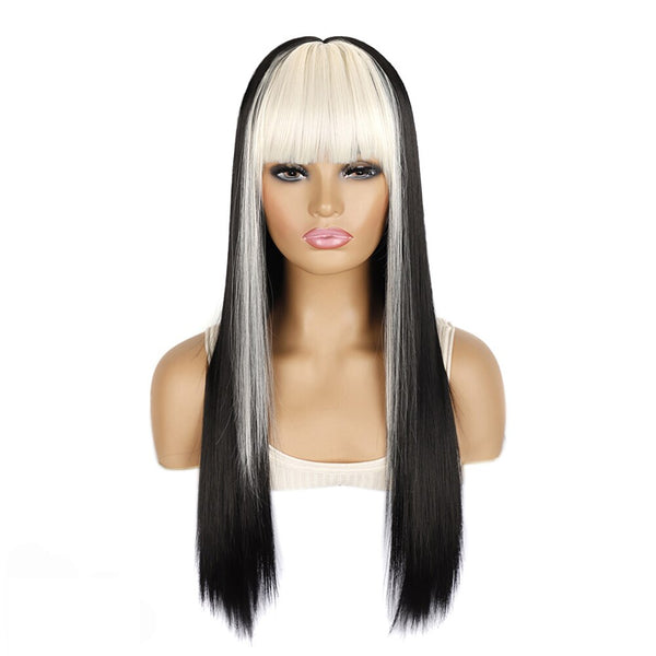 Omber Black Withe Synthetic Wig 24 Inches Straight Wig With Bang Hairstaly For Young Party Cosplay Use Heat Resistant Fiber