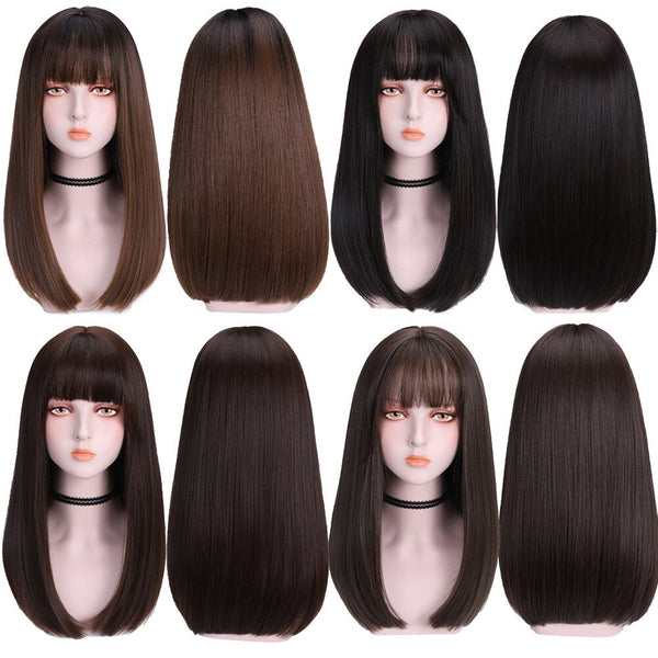 Long Straight Synthetic Wig with Neat Bangs Cosplay Ombre Wigs for Women Party Fake Hair Wig Natural Looking