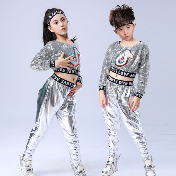 Neue Kinder Modern Jazz Dance Hip Hop Kostüm Jungen Mädchen Pailletten Cheerleading Performance Kleidung Bühnenabnutzung