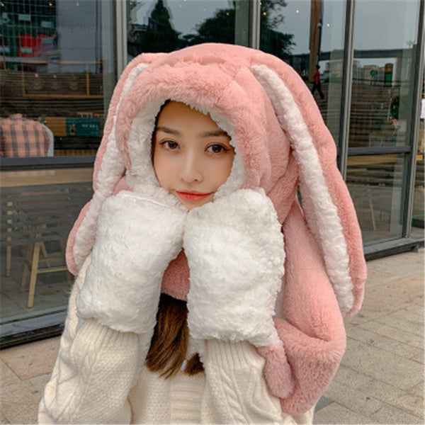 3 in1 Gloves scarf Rabbit Hat long Ears Cute Cartoon Hat Kawaii Funny Birthday Gift Bunny Plush Cap Winter For Adult Girlfriend