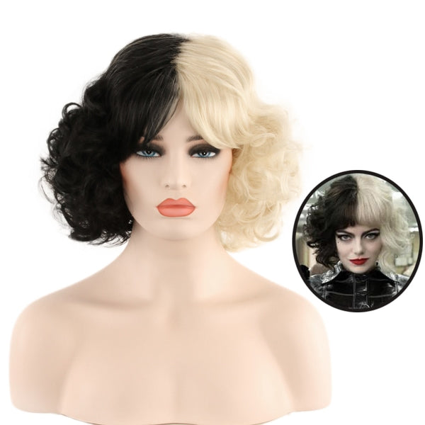 Movie Cruellala Short Curly Wig Cosplay Costume Heat Resistant Synthetic Hair Cruellala de Vil Women Carnival Party Wigs