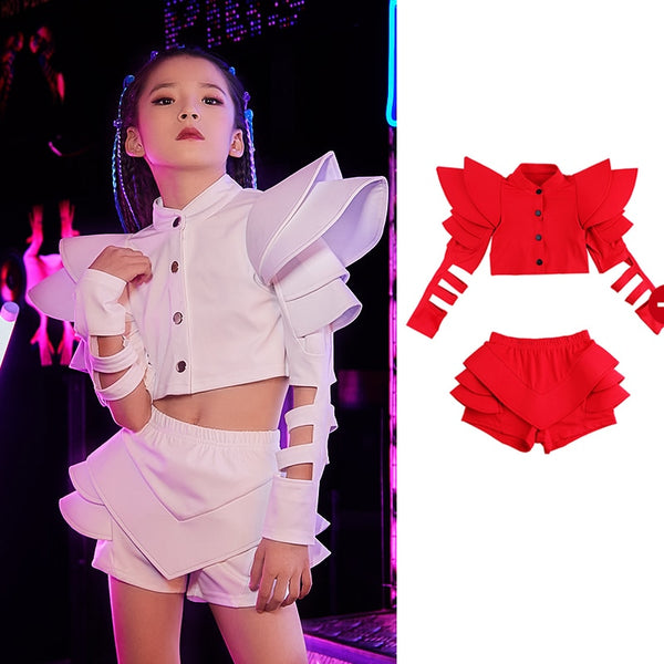 Girls Jazz Dance Costume Child Hip Hop Red/White Suit Kids Modern Street Dance Performance Outfit Catwalk Show Clothes DQL1888