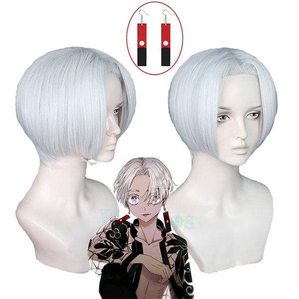 Tokyo cos Revengers Kurokawa Izana Cosplay Wig Silver White Short Wig Earrings Heat Resistant Fiber Hair with Free Wig Cap Halloween