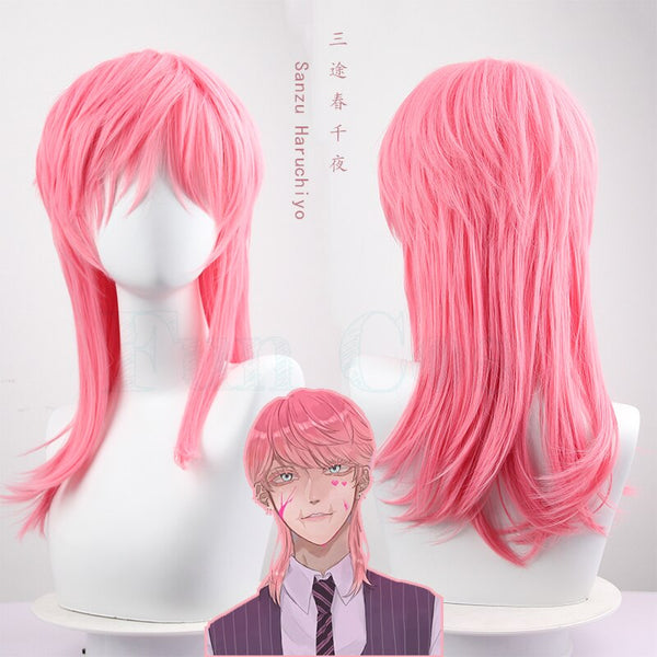 Tokyo cos Revengers Sanzu Haruchiyo Cosplay Wig Pink Wig Haruchiyo Akashi Heat Resistant Fiber Hair Free Wig Cap Women Man Hallowenn