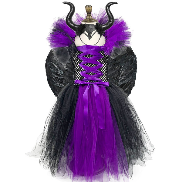 Black Purple Devil and Witch Costume Girls Party Dresses Long Kid Demon a Evil Cosplay Clothes with Horns Wings Child Carnival Gifts