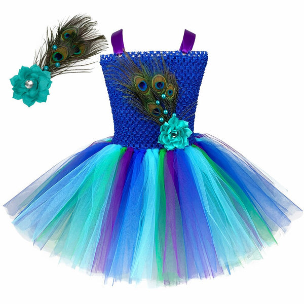 1-12Y Peacock Inspire Girls Dress Feather Flower Fluffy Tulle Tutu Dress Kid Peacock Costume for Birthday Carnival Party