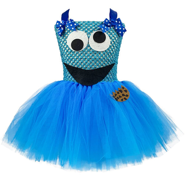 Cartoon Blue Cookie Tutu Dress for Girls Kids Monster Costume for Halloween Christmas Children Birthday Party Clothes 1-12 Years