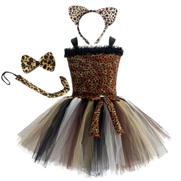 1Set Leopard Girls Tutu Dress Outfit Zoo Animal Kid Cosplay Costumes Toddler Baby Girl Performance Birthday Jungle Party Dresses