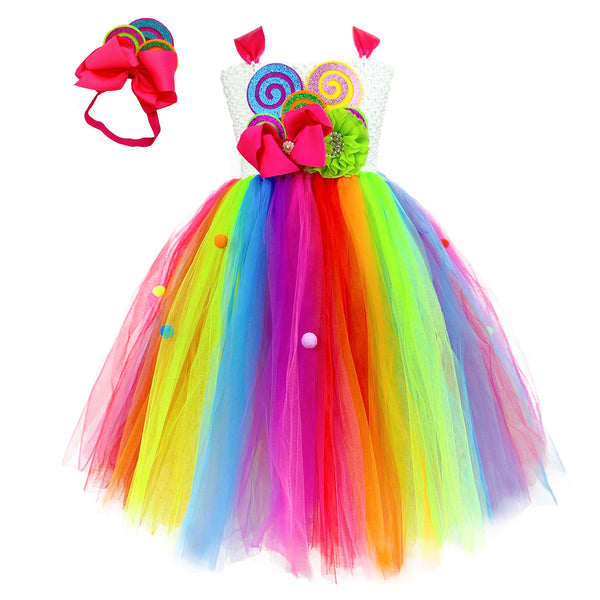 Sweet a Rainbow Candy Girls Tutu Dress Ankle Length Colorful Balls a Lollipop Cosplay Costume Kids Pageant Birthday Clothes Outfit