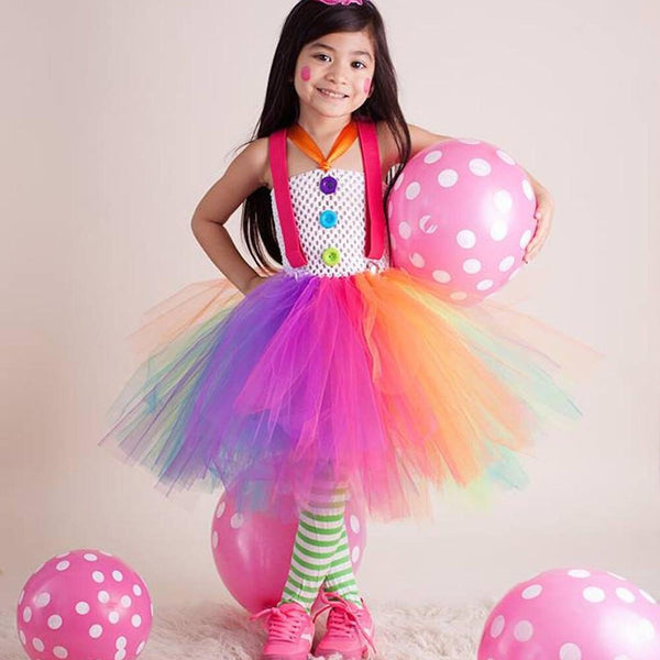 Kid Clown Cosplay Costume Rainbow Fluffy Girls Birthday Party Dress Children Halloween Carnival Pageant Clown Dress Up Clothes Kid Costume