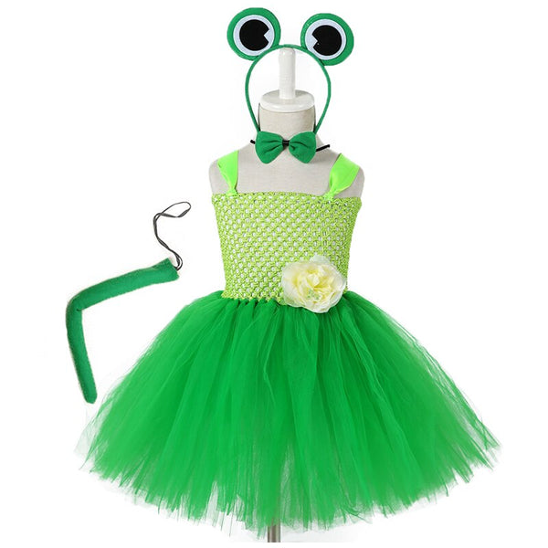 1-12Y Kid Green Little Frog Tutu Dress Set Cute Zoo Animal Cosplay Costume for Girls Performance Halloween Party Dress Outfit