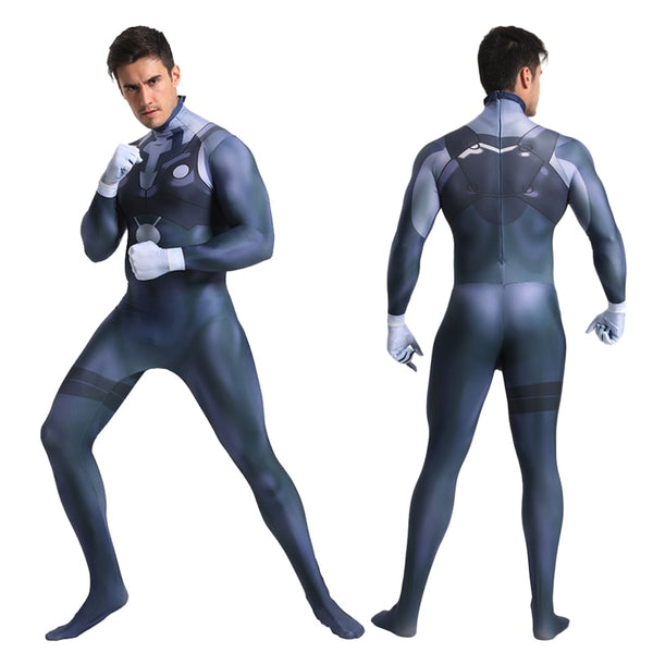 A male model wearing a blue and black spandex jumpsuit resembling a cosplay costume, with a striking pose.
