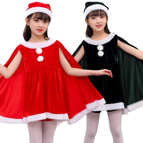 Children Girl Christmas Santa Claus cloak Costume dress hat Kids Family Green Elf Cosplay Costumes Carnival Party Supplies