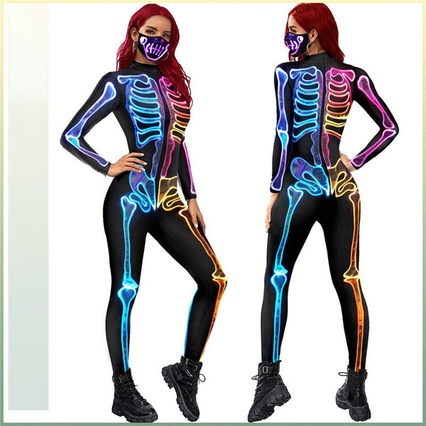Halloween Cosplay Costumes Scary Gothic Style Skeleton 3D Printed Bodysuit Breathable Long Sleeves Jumpsuit Unisex Fashion