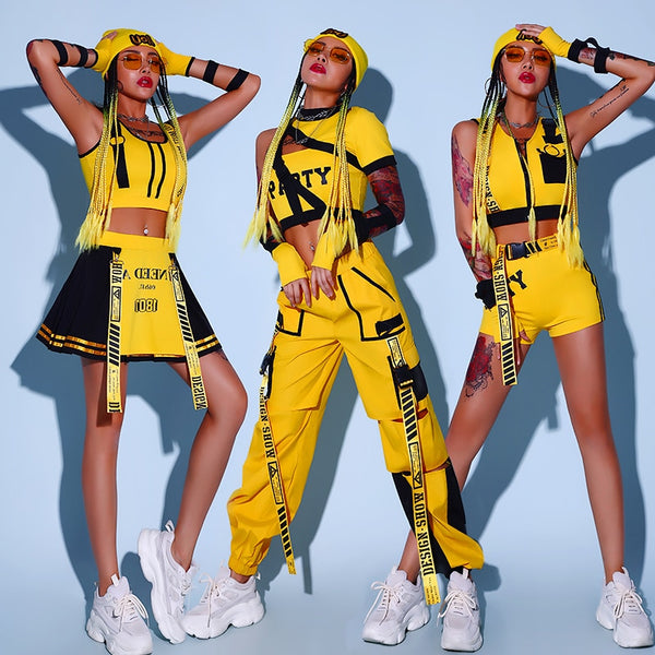 Gelbe Cheerleader Uniform Hip Hop Kleidung Damen Jazz Dancewear Rave Outfit Mädchen Sets Bühnenkostüm Festival Kleidung DL8204