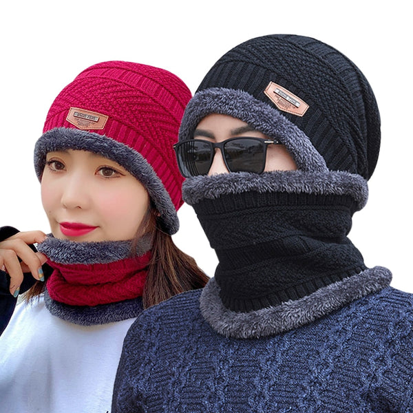 New Winter Warm Hat Scarf Set Women Plush Velvet Thick Women Face Caps Hood Men Outdoor Ear Protection Neck Scarf Knitted Hats