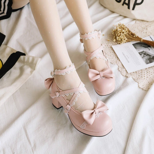 Lolita Damenschuhe Bow Knot Japanese Lolita Shoe Cute Girl Round Head Middle Heel Loli Fashion Harajuku Kawaii Schuhe
