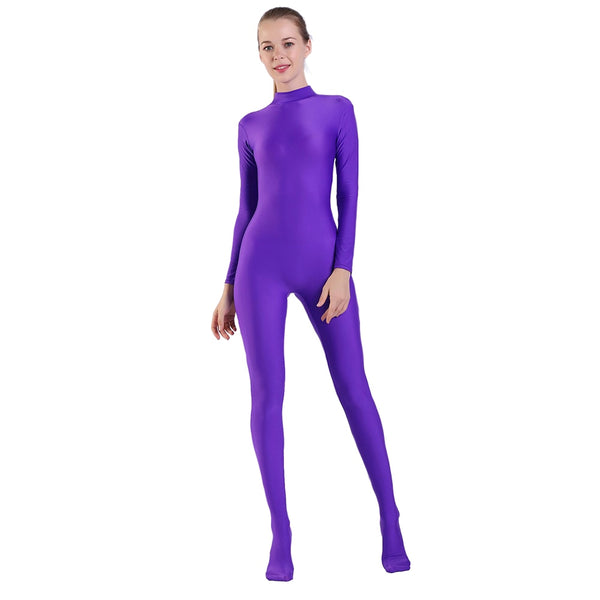 Women Long Sleeve Mock Neck Footed Unitard Plus Size Jumpsuits Spandex for Men Dance Hollween Zentai Cosplay Costumes