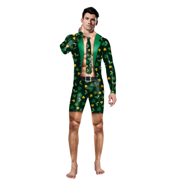 Carnival Fancy Party Cosplay Costume Fake 2 Two Zentai Catsuit Christmas Green Flower Pattern Print Men Muscle Outfits Bodysuit