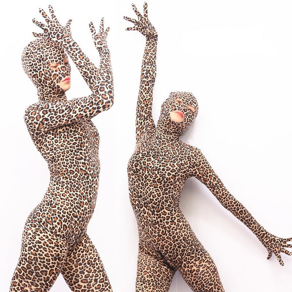 Leopard Print Lycra Full Coat Appeal Clothing Cosplay One Piece Tight Zentai Zipper Open Crotch Bodysuit Catsuit Stage Costumes
