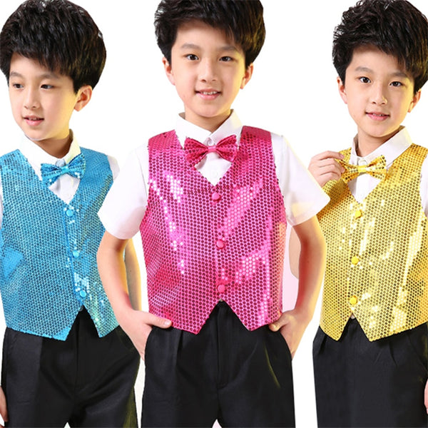 7Color Kids Jazz Dance Vest Boys Sequin Tops Choir Shining Outfit Stage Performance Costume Hip-hop Sequined Dance Wear
