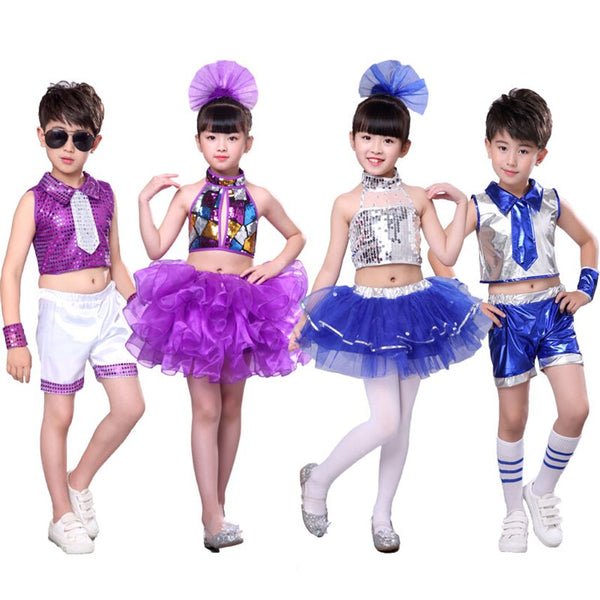 Kids Girls Top Jazz Dance Wear Costumes Sequins Holographic Cheerleader Hiphop Stage Performance Clothing Outfit Set