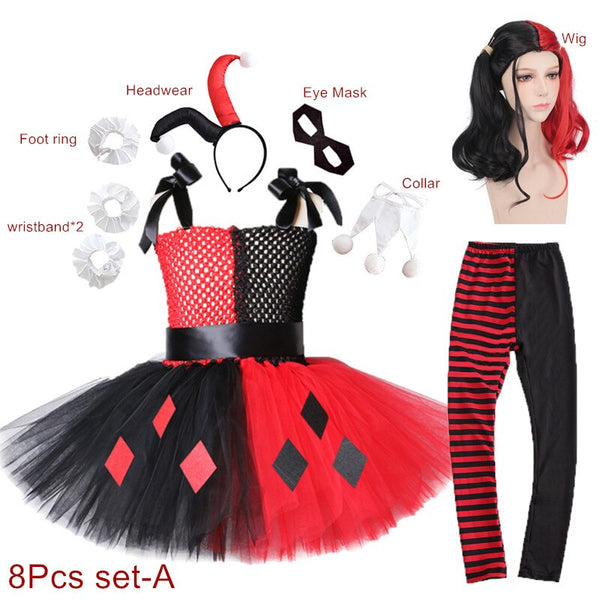 Halloween Clown red Dress Harleyey Quinninn Cosplay girls Costume Harleen Quinzelel Princess Party Girls Christmas Dresses set