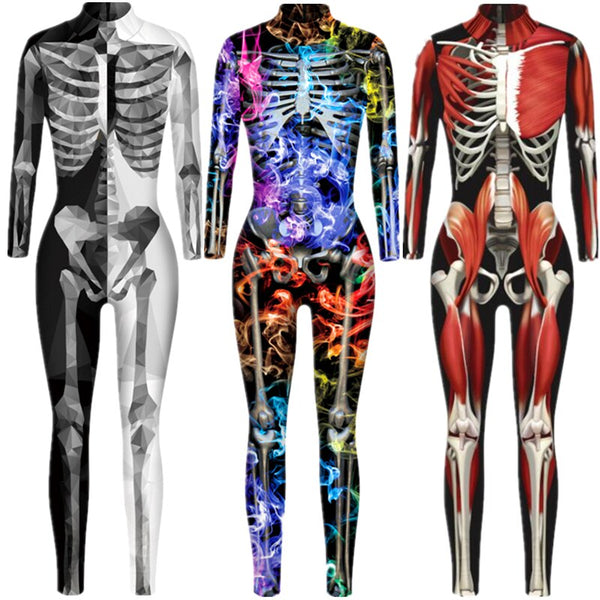 Skeleton Skull Sexy Jumpsuit Catsuit Cosplay Costumes Halloween Women Bodysuit Fancy Dress