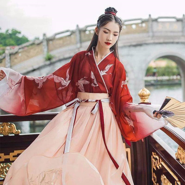 Chinese Traditional Women Cotumes Hanfu Suit Vintage Dress Cheongsam National Dance Crane Embroidery Cross-Collar Fairy Skirt