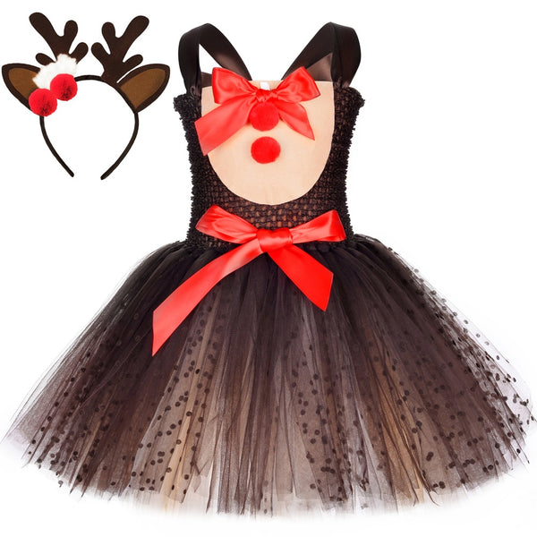 Reindeer Girls Costumes Toddler Girl Brown Polka Dot Tulle Dress Kids Christmas Elk Cosplay Clothes New Year Purim Party Gifts