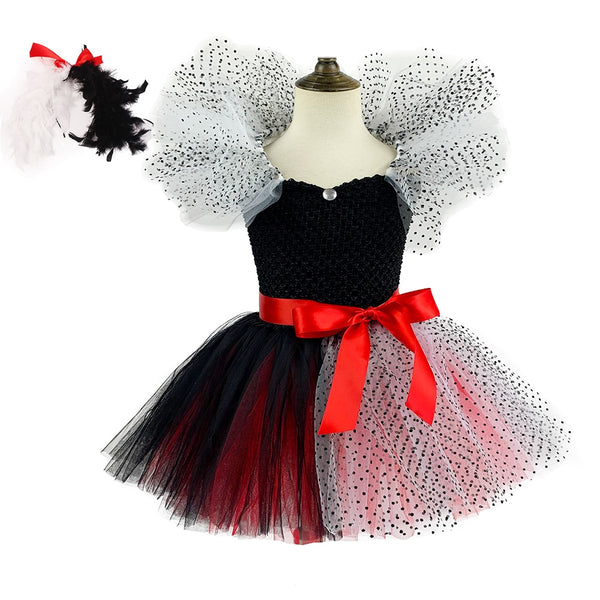 Girls Dalmatianan Costume with Headband Kids Black and White Tutu Dress Child Halloween Villain Cosplay Clothes Christmas Purim