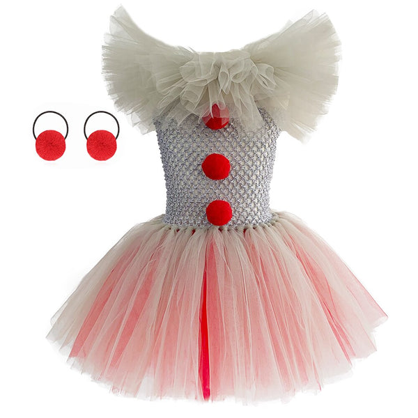 Joker Pennywise Cosplay Costume for Girl Halloween Party Clown Dress Up Kids Fancy Tutu Dress Clothes with Collar Hairpin 1-12Y