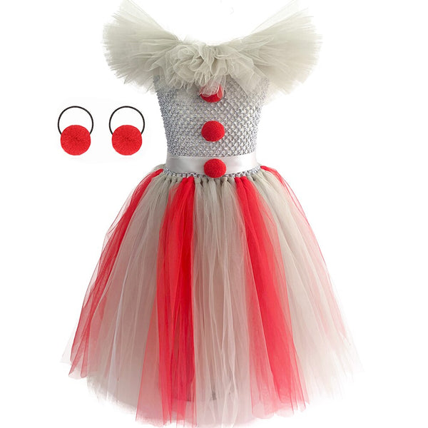 Pennywisese Girls Tutu Dress with Collar Clown Cosplay Halloween Costume Kids Girl Gray Long Tulle Dresses Fancy Clothes Outfits