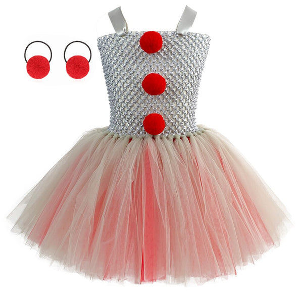 Jokers PennyWisese Halloween Costume for Girls Kids Gray Tulle Tutu Dress Children Carnival Clown Dress Up Clothes with Hair Rope