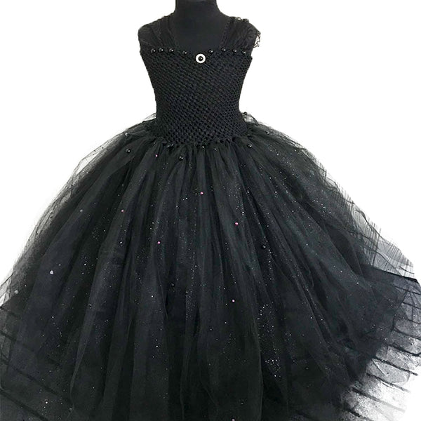 Glistening Black Princess Tutu Dress for Girls Kids Long Tulle Dresses Children Birthday Recital Gown Halloween Costume 1-12Y
